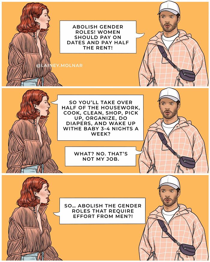 Illustration by Lainey Molnar showing a conversation challenging societal expectations on gender roles and women’s responsibilities.