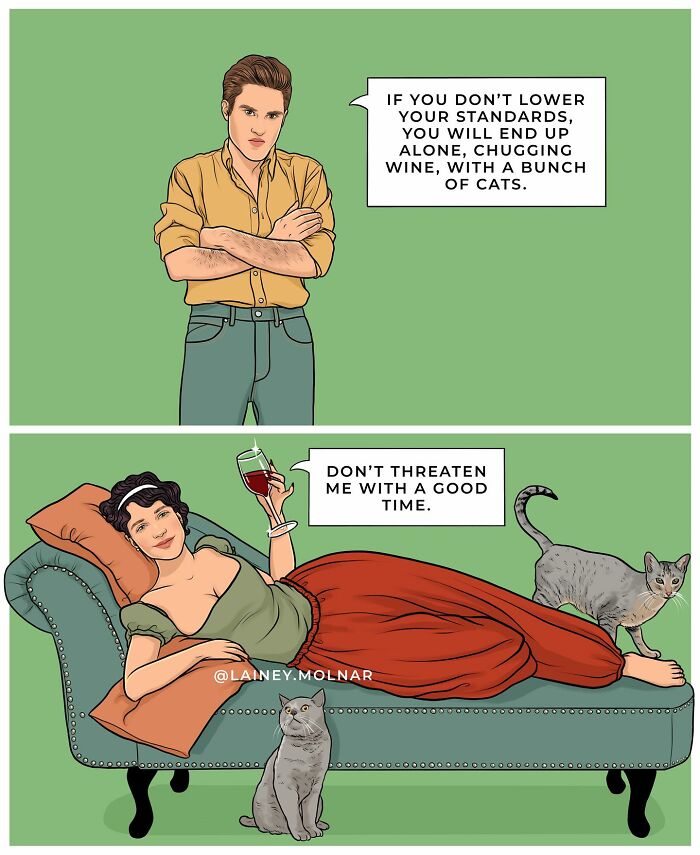 Illustration by Lainey Molnar showing a confident woman with wine and cats challenging societal expectations.