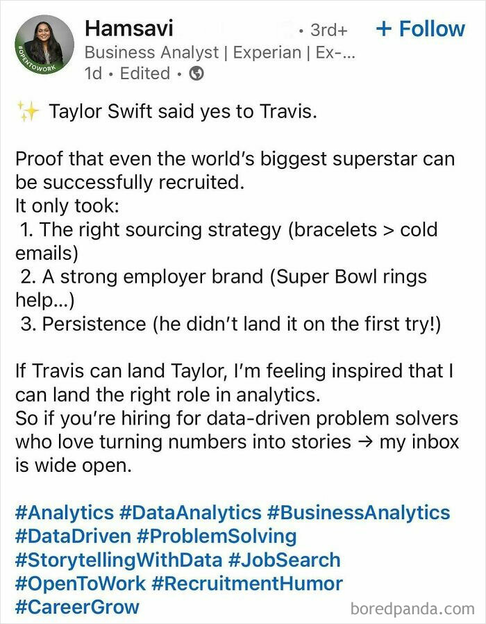 LinkedIn post about successful recruitment strategies with hashtags on data analytics and job search.