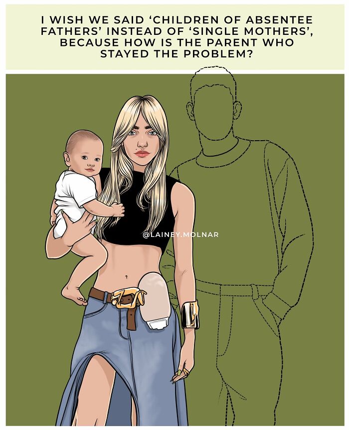 Illustration by Lainey Molnar showing a woman with a baby and empty outline of a man challenging societal expectations.