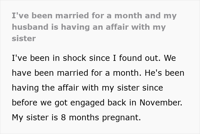 Text excerpt about a woman’s world crumbling after her husband’s dark secret of affair with her sister is revealed.