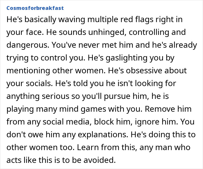 Text about a lady worried over online date's behavior, highlighting red flags and obsession with her social media.