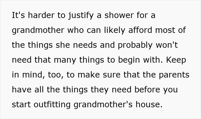 Text discussing opinions on grandmas having baby showers and considerations about gifts and needs before planning. Text discussing opinions on grandmas having baby showers and considerations about gifts and needs before planning.