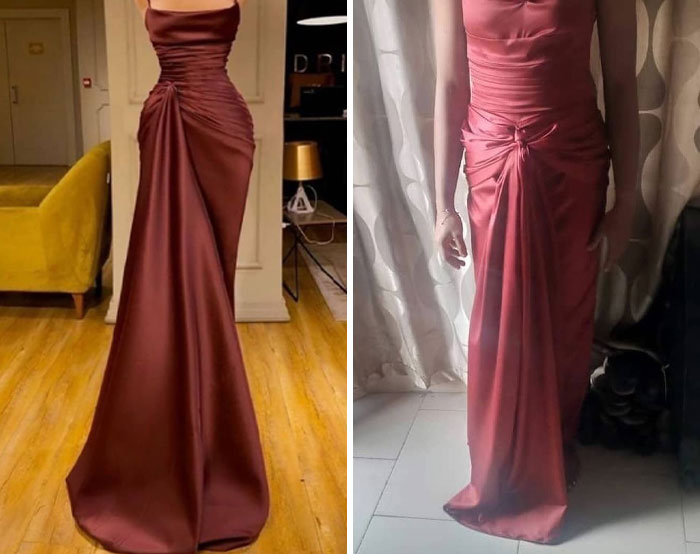 Comparison of ordered versus received brown formal dress showing a humorous online shopping fail with fit and fabric differences.
