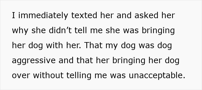Text message complaint about a friend bringing her dog without permission while house sitting and locking up other dogs. Text message complaint about a friend bringing her dog without permission while house sitting and locking up other dogs.