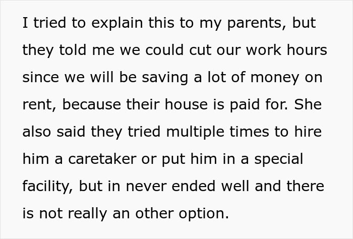 Text discussing parents expecting son to care for autistic brother and difficulties finding alternative care options. Text discussing parents expecting son to care for autistic brother and difficulties finding alternative care options.