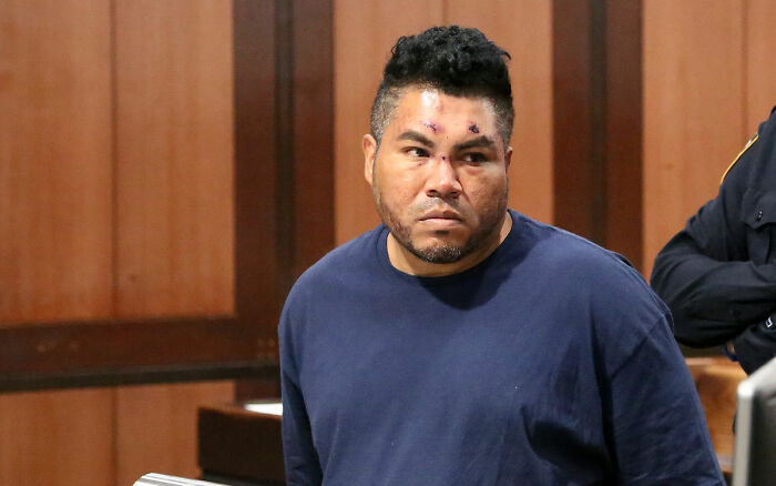 Maniac driver with facial injuries in a courtroom responding to cops after running over teen rejecting his advances
