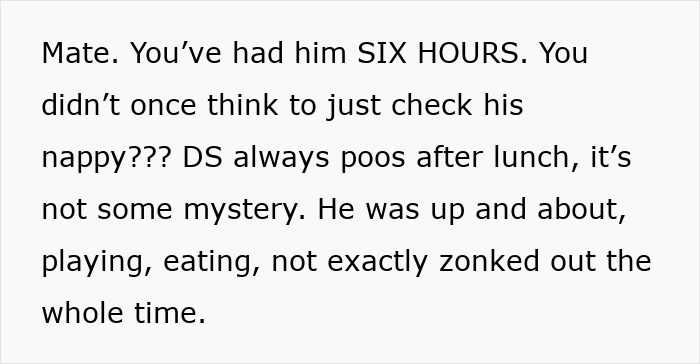 Text message complaining about a dad forgetting to change his son's diaper and feed him during childcare. Text message complaining about a dad forgetting to change his son's diaper and feed him during childcare.