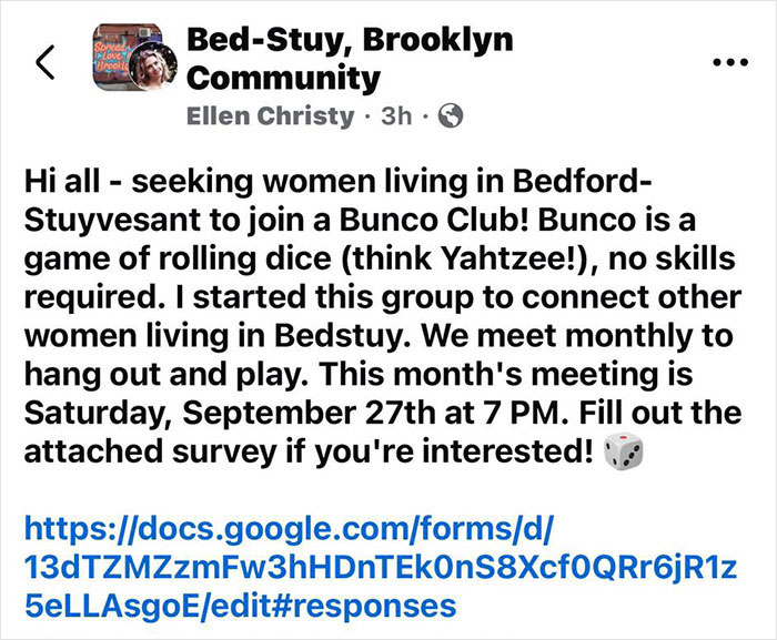 Screenshot of a Brooklyn midwife’s dice game club post inviting women to join, raising safety concerns for non-white women.