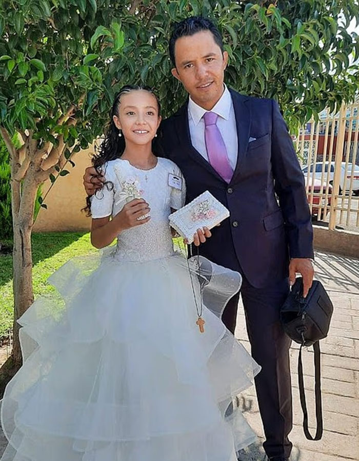 Young girl in white dress standing with man in suit outdoors relating to surgeon breast enlargement case. Young girl in white dress standing with man in suit outdoors relating to surgeon breast enlargement case.