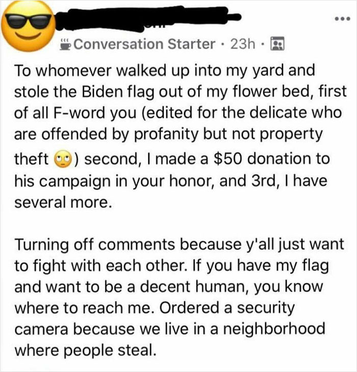 Screenshot of a social media post about stolen Biden flag and installing security camera in a neighborhood with unbearable neighbors.