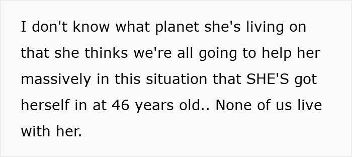 Text about a 46-year-old expecting adult kids to help after getting pregnant, highlighting 24/7 help issues. Text about a 46-year-old expecting adult kids to help after getting pregnant, highlighting 24/7 help issues.
