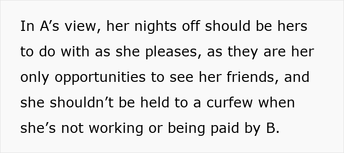Text excerpt discussing a live-in nanny’s nights off and being placed under a curfew by her employer. Text excerpt discussing a live-in nanny’s nights off and being placed under a curfew by her employer.