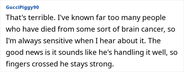 User comment expressing sympathy about brain cancer and hope for Michael Bolton's strength during diagnosis. User comment expressing sympathy about brain cancer and hope for Michael Bolton's strength during diagnosis.