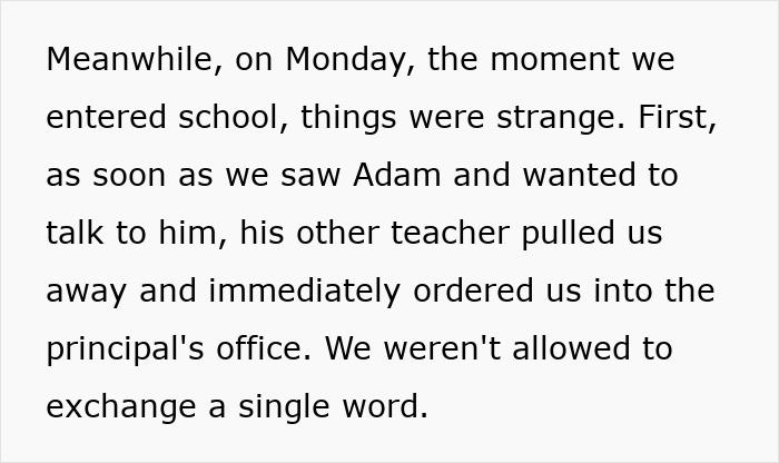 Text describing a teacher scaring a student during class, leading to a shocked reaction and suspension discussion. Text describing a teacher scaring a student during class, leading to a shocked reaction and suspension discussion.