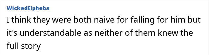 Comment text on a white background discussing two women being naive about a toxic man romantically involved with both.