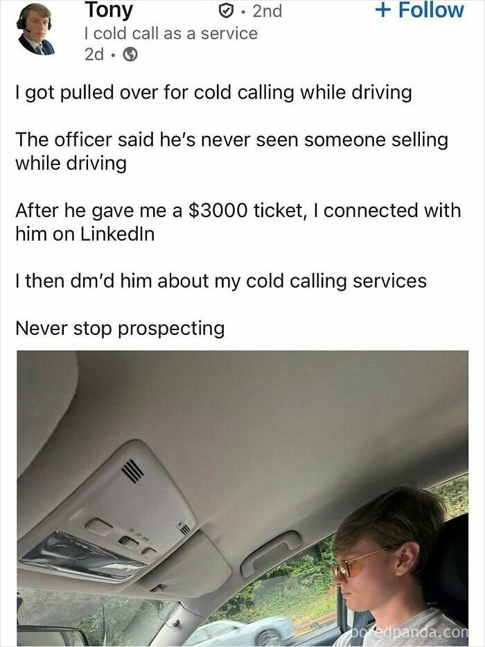 Man driving while cold calling, illustrating hustle culture obsession and losing touch with real life.