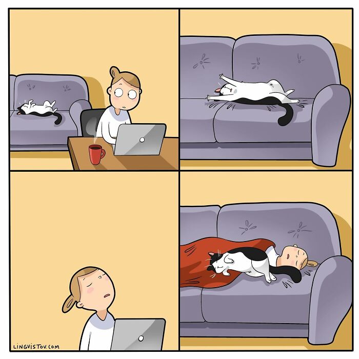 Comic panels showing relatable moments between a cat owner and her cat lounging and napping on a couch.