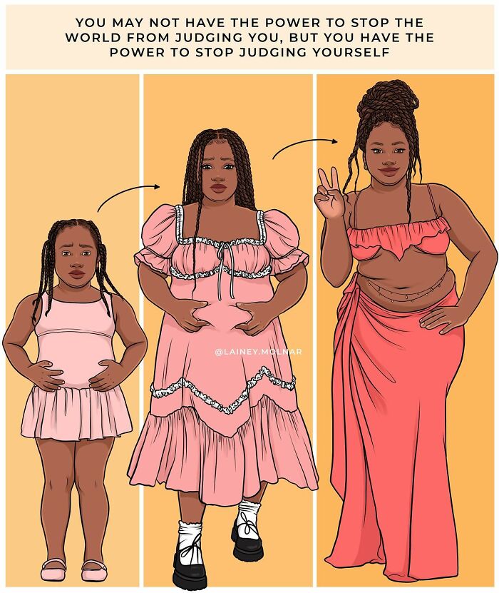 Illustration by Lainey Molnar showing women of different ages embracing self-acceptance and challenging societal expectations.