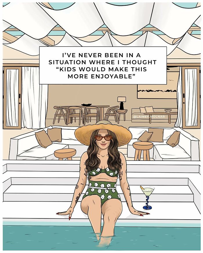 Woman illustration by Lainey Molnar sitting by pool in a hat and sunglasses, challenging societal expectations and celebrating women.