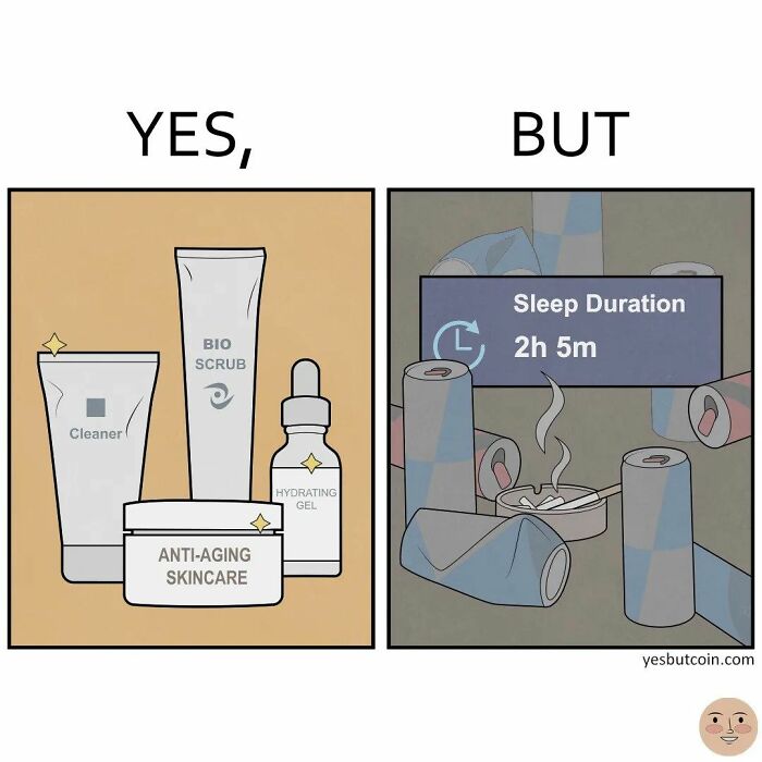 Skincare products on left and sleep duration of 2 hours 5 minutes with empty cans on right in a yes but comic.