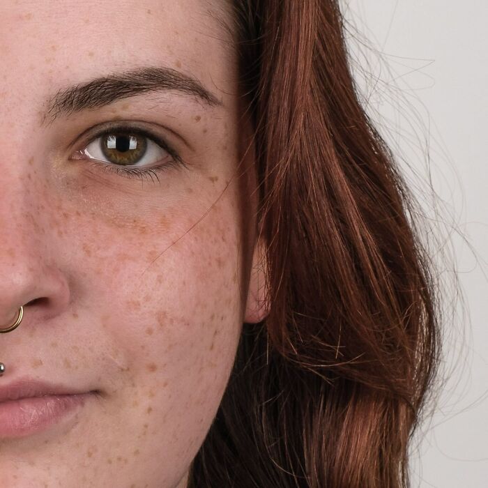 Half male, half female face portrait illustrating strong family DNA in genetic portraits of family members.