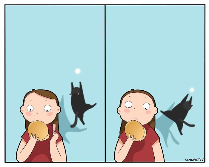 Cartoon of a cat owner surprised by a black cat jumping and playing, illustrating relatable moments for cat owners.