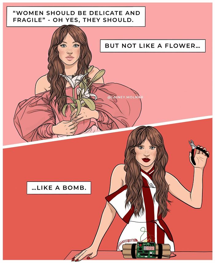 Lainey Molnar illustration of a woman challenging societal expectations by celebrating strength and empowerment.