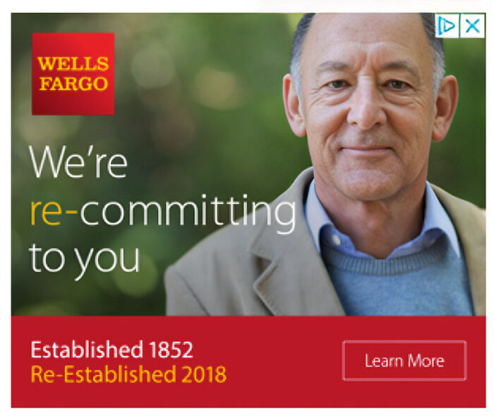 Wells Fargo ad with a man smiling, text about recommitting and re-establishment, illustrating social media fail examples.