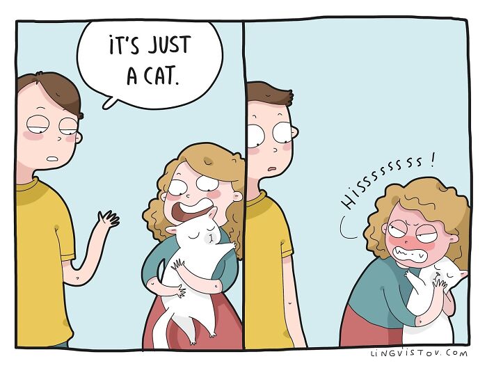 Comic illustration of cat owners reacting differently to a cat’s behavior, depicting relatable cat owner moments.