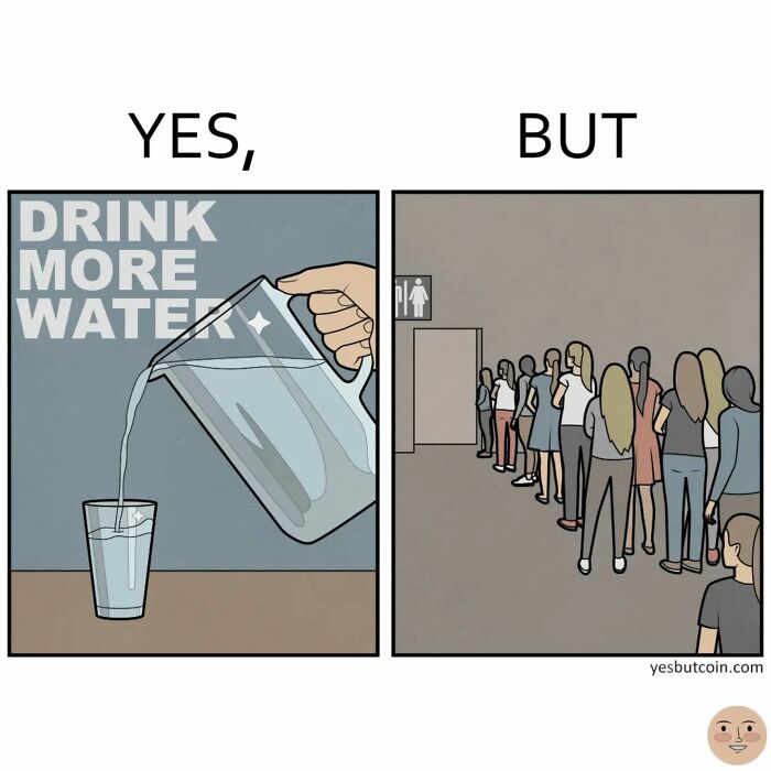 Yes But comic showing a hand pouring water into a glass with people waiting in line for the restroom.