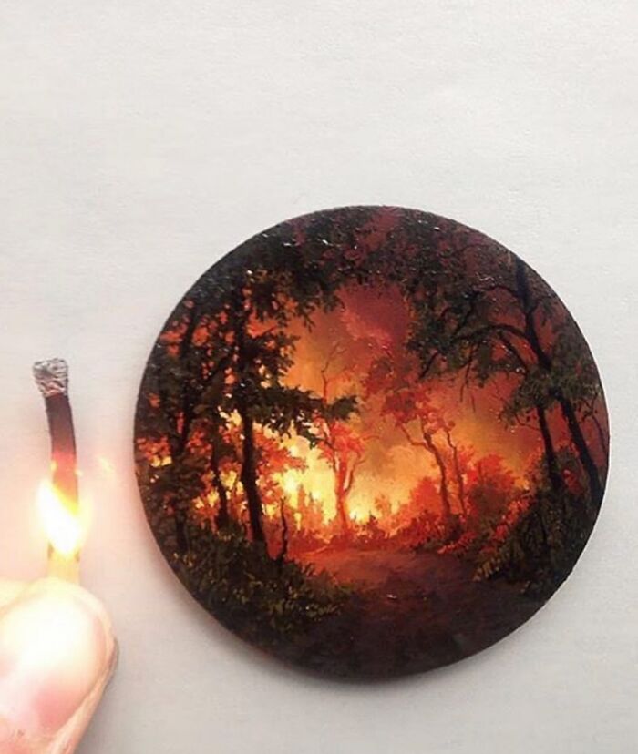 Detailed painting by Dina Brodsky showing a fiery natural landscape with trees and glowing orange light.