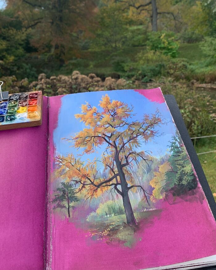 Watercolor painting of an autumn tree by Dina Brodsky showcasing detailed beauty of the natural world.