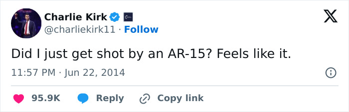 Screenshot of a tweet by Charlie Kirk from 2014 mentioning being shot by an AR-15, linked to prediction of his passing. Screenshot of a tweet by Charlie Kirk from 2014 mentioning being shot by an AR-15, linked to prediction of his passing.