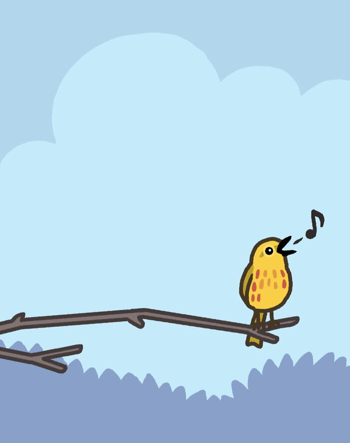 Yellow bird cartoon character with speech bubble showing playful comics about nature and wildlife humor.