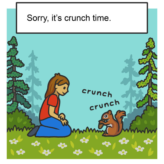 Playful comic showing a person sitting on a rock in a swamp with a message about being swamped in nature and wildlife.