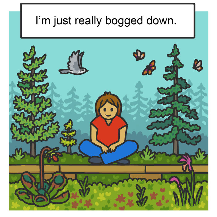 Playful comic showing a person sitting on a rock in a swamp with a message about being swamped in nature and wildlife.