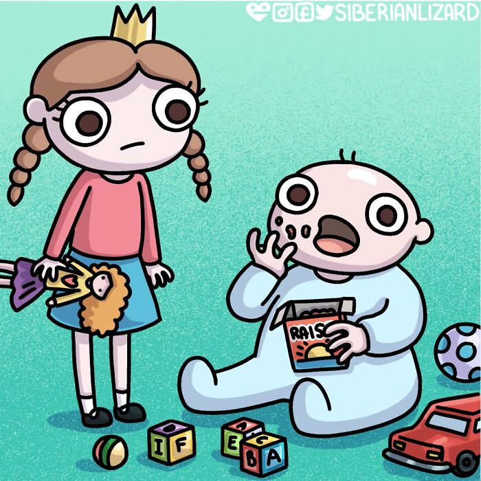 Cartoon showing daily life with two ferrets and a cat, featuring humorous family dialogue at breakfast.