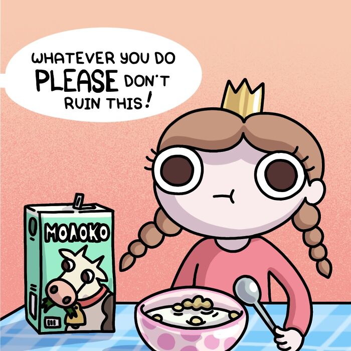 Cartoon showing daily life with two ferrets and a cat, featuring humorous family dialogue at breakfast.