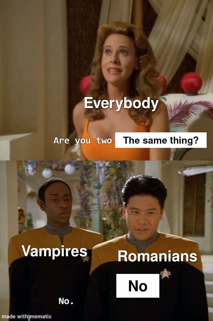 Meme highlighting humor about vampires and Romanians, relatable to people raised in Eastern Europe culture.