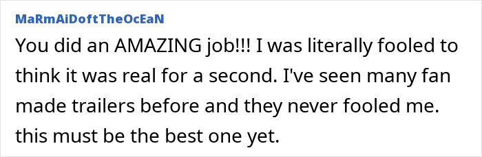 Fan comment praising a Harry Potter And The Cursed Child fan-made trailer as the best and most convincing one yet. Fan comment praising a Harry Potter And The Cursed Child fan-made trailer as the best and most convincing one yet.