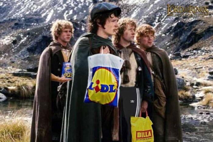 Characters from Lord of the Rings edited with Lidl, Billa bags and snacks, Eastern Europe cultural meme humor.