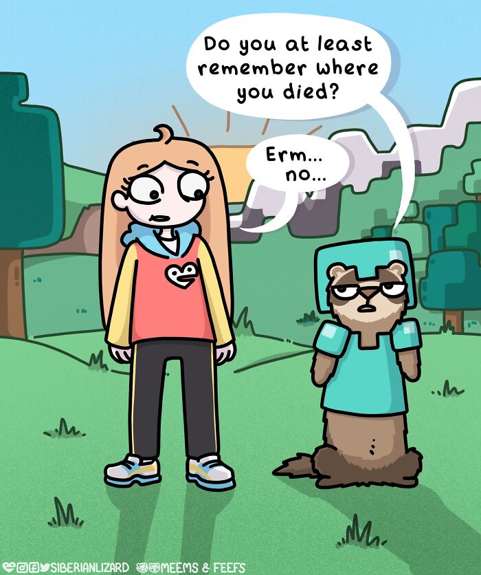 Cartoon of an artist and two ferrets dressed in armor, exploring and interacting in a colorful outdoor setting.