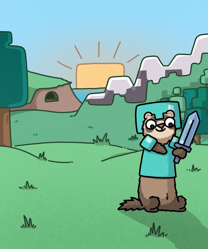 Cartoon of an artist and two ferrets dressed in armor, exploring and interacting in a colorful outdoor setting.