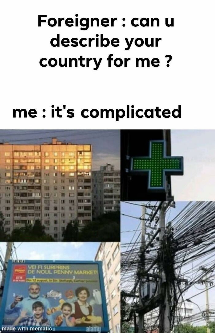 Meme showing Eastern European cityscape, crowded electrical wires, pharmacy sign, and market billboard conveying complicated country life.