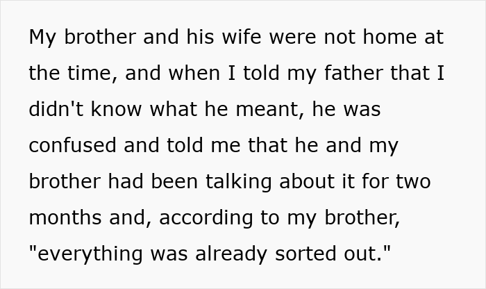 Text excerpt showing a sibling conflict over shared house, with brother demanding sister move out to make room for kids.