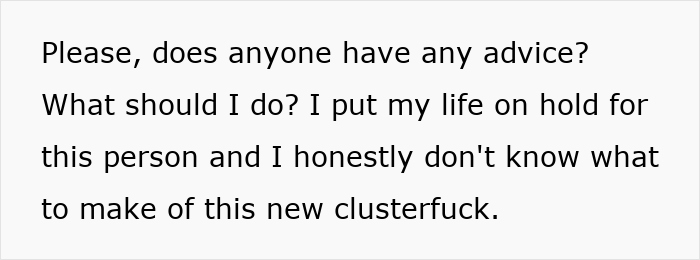 Text post asking for advice about being unsure what to do after long-distance romance ends in cheating and rumors. Text post asking for advice about being unsure what to do after long-distance romance ends in cheating and rumors.