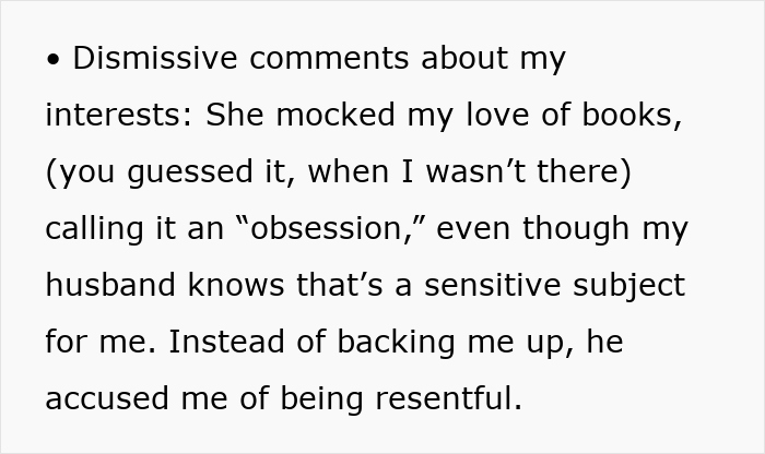 Text excerpt discussing inlaws push boundaries divorce, highlighting dismissive comments about personal interests and lack of spousal support. Text excerpt discussing inlaws push boundaries divorce, highlighting dismissive comments about personal interests and lack of spousal support.