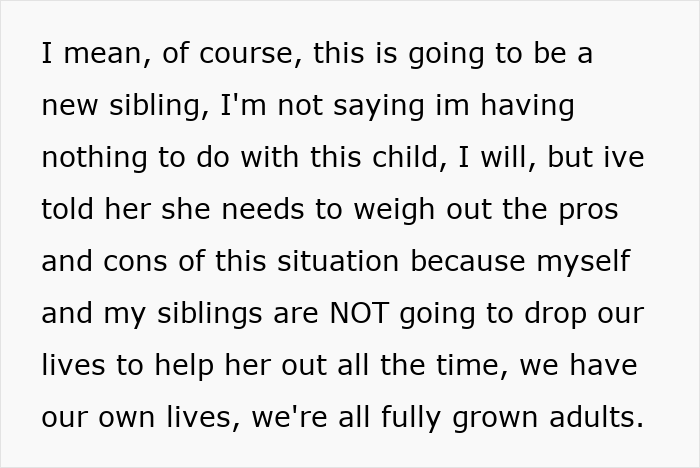 Alt text: Excerpt discussing a 46-year-old getting pregnant and adult kids refusing to drop everything to help out. Alt text: Excerpt discussing a 46-year-old getting pregnant and adult kids refusing to drop everything to help out.