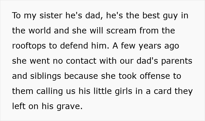 Text excerpt about sister defending mom's hubby, relevant to bride refuses to let mom's hubby walk her down the aisle.